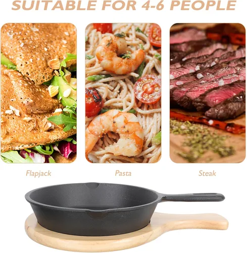Vista 7 de Thick Cast Iron Nonstick Steak Frying Pan with Wooden Board Even Heat Distribution Wear-resistant Surface Versatile Omelette and Egg Pan for Home