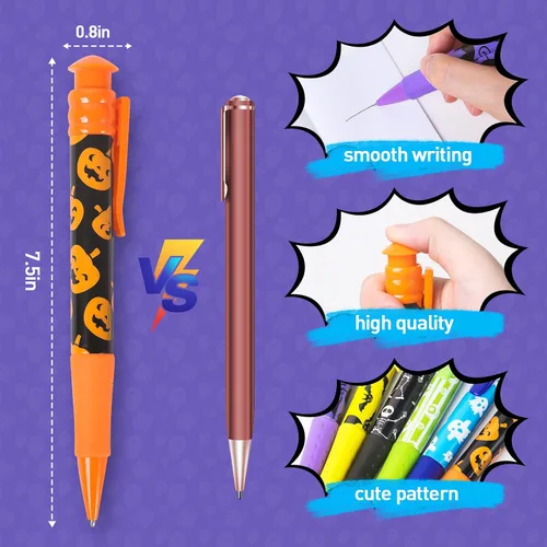Vista 4 de Shemira Recuerdos de fiesta de Halloween para niños, 24 bolígrafos jumbo en 6 diseños temáticos surtidos de Halloween para truco o trato, relleno