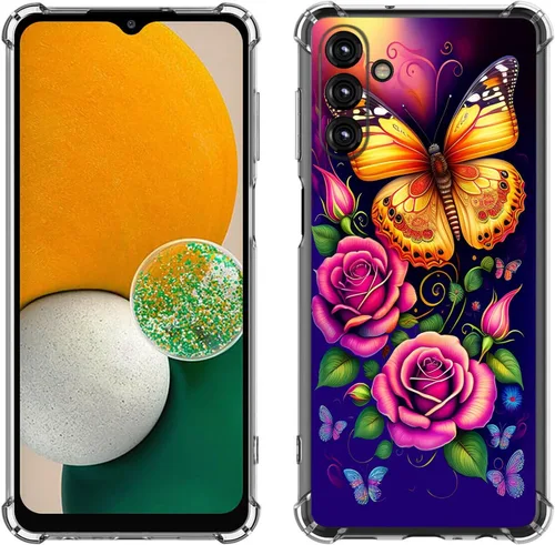 Vista 18 de Samsung Galaxy A14 5G - Funda para teléfono celular, diseño de flores de mariposa azul, a prueba de golpes, TPU con bordes elevados, compatible