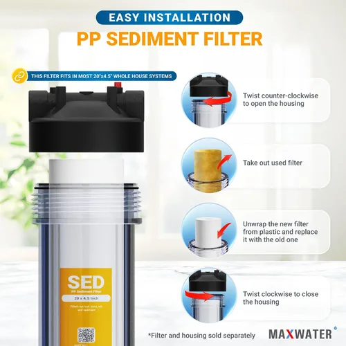 Vista 5 de Max Water Cartucho de filtro de agua de sedimentos de 1 micrón, 20 x 4.5 pulgadas, cartucho de repuesto de filtro de agua para toda la casa