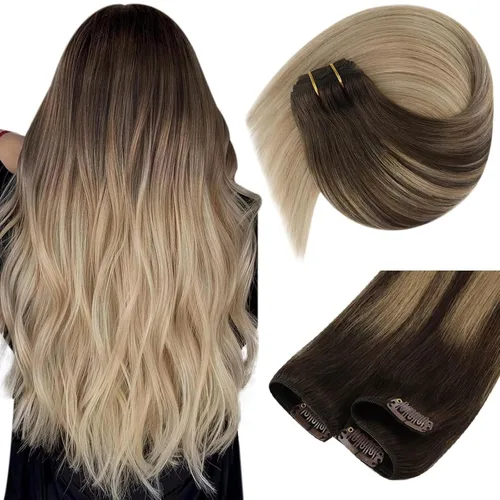 Vista 56 de Ve Sunny Extensiones de cabello clip-in de cabello humano real con reflejos, extensiones de cabello con clip para cabello corto, marrón oscuro