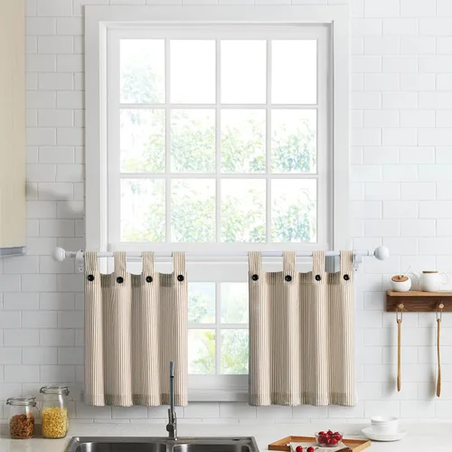 Vista 8 de Cortinas de nivel de algodón July Joy de 24 pulgadas de largo, cortinas de cocina de estilo rústico, bolsillo para barra para ventana pequeña