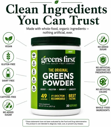 Vista 4 de Greens First Original Greens en polvo, menta, 30 porciones 49 superalimentos, frutas y verduras orgánicas, prebióticos, probióticos y enzimas