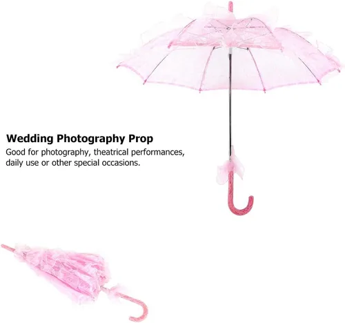 Vista 7 de Fdit Sombrilla de algodón con encaje nupcial para bodas, fiestas, bailar, fotografía, accesorio (rosa)