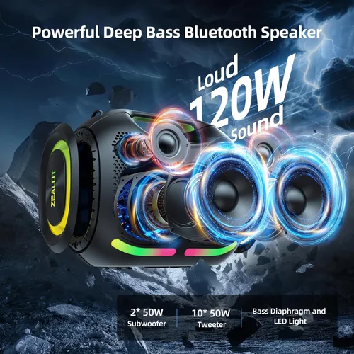 Vista 2 de ZEALOT ZE01 - Bocina portátil Bluetooth, 120W de potente sonido estéreo con graves profundos, inalámbrica, gran bocina para fiesta, compatible