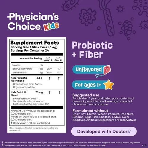 Vista 6 de Physician's Choice Paquetes de probióticos + fibra prebiótica para niños (mayores de 1 año) – Apoya la regularidad, el estreñimiento ocasional y un