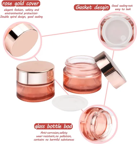 Vista 2 de 12 frascos de vidrio rosa de 0.5 onzas, tarros de crema vacíos recargables con tapas de oro rosa y forro interior, frascos de muestra