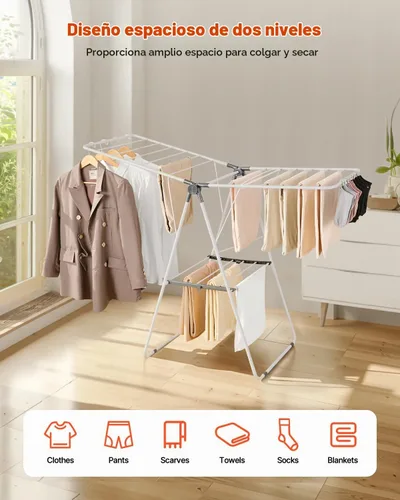 Vista 2 de VEVOR Estante de secado de ropa, estante plegable de 2 niveles con clips para calcetines y 21 varillas de secado, estantes de secado ajustables