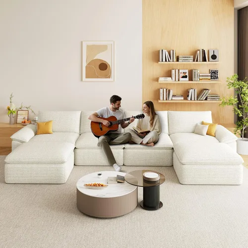 Vista 7 de Sofás modulares de 113.03 pulgadas para sala de estar, sofá modular moderno con sofás en forma de L, sofá tapizado de pana sin hueso, asiento Negro