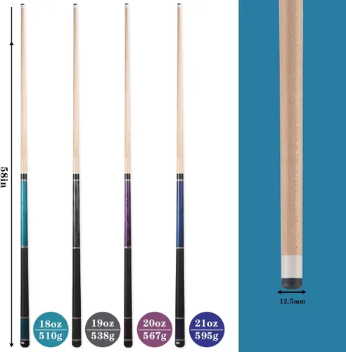 Vista 2 de Set of 4 Pool Cues-Different Weights(18/19/20/21 oz) or Different Tip Sizes(10/11/12/13mm Tip) Cue Set 58" Canadian Maple, 4-Prong House Bar