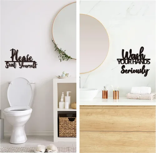 Vista 6 de Amyhill 2 juegos de decoración de pared de baño, lávate tus manos seriamente y por favor siéntate tú mismo, divertido letrero decorativo de madera