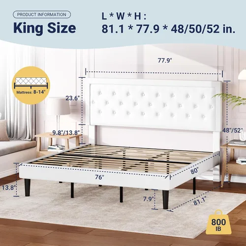 Vista 2 de Allewie - Base de cama tamaño King con tapizado de terciopelo, cabecera ajustable, diseño de botones de diamante, soporte de láminas de madera, tira