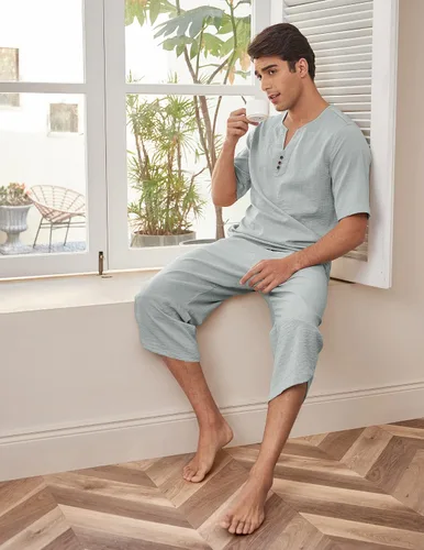 Vista 7 de COOFANDY Conjunto de 2 piezas de lino para hombre, camisa Henley de manga corta y pantalones capri harén, pierna ancha, holgados, pantalones de yoga