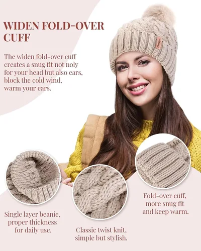 Vista 4 de 3 gorros para mujer con pompón, gorro de punto para mujer invierno y otoño, sombreros de invierno cálidos de moda para mujer