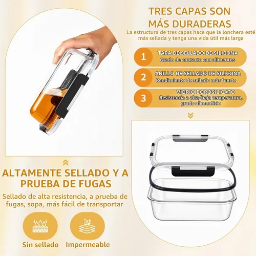 Vista 4 de Recipientes de vidrio para almacenamiento de alimentos con tapas 27OZ Negro