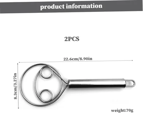 Vista 5 de Batidor de masa de 2 piezas, mezclador de masa de pan de acero inoxidable de 8,9 pulgadas, batidor de mano de ojos dobles, herramienta