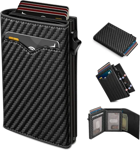 Vista 12 de Cartera miyozi para hombre, con bolsillo para efectivo, 2 ventanas para identificación, 9-13 ranuras para tarjetas, estuche metálico, elegante