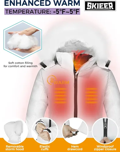 Vista 6 de Skieer Chaqueta de esquí impermeable para mujer, cálida chaqueta acolchada gruesa con capucha para invierno