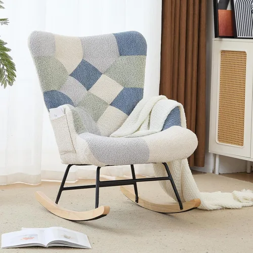 Vista 9 de Mecedora de cuarto de bebé con asiento deslizante tapizado en estilo oso de peluche, con respaldo alto, sillón acento con cómodo bolsillo lateral