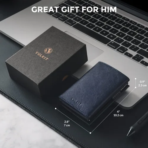 Vista 7 de VULKIT Cartera con tarjetero para hombre, con cierre magnético, bloqueo RFID, billetera de cuero triple, marino, Moderno