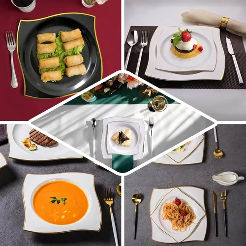 Vista 5 de Efavormart - Paquete de 10 platos cuadrados de postre de plástico con borde ondulado blanco y dorado de 8 pulgadas, elegante vajilla desechable