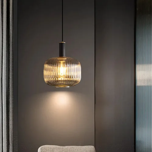Vista 6 de Lámpara colgante negra y pantalla de luz a rayas de vidrio, iluminación colgante moderna para isla de cocina, casa de campo, luces colgantes