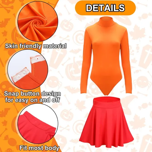 Vista 6 de Hercicy Disfraz naranja de Halloween para adultos, peluca estilo Bob, cuello alto, falda patinadora, gafas y calcetines para mujer, cosplay