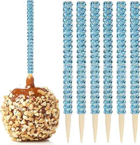 Vista 18 de 32 PIEZAS de Palitos de Manzana de Caramelo Brillantes de Bambú, Brochetas de Punta de Madera con Envoltura de Malla de Diamantes y Pedrería Negro