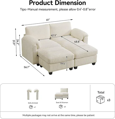 Vista 2 de Sofá modular de 61 pulgadas con otomana, asiento extra profundo para sala de estar, sofá de asiento profundo de pana con almohadas para Beige