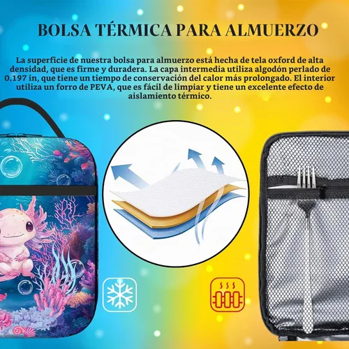 Vista 5 de Axolotls - Lonchera para niñas y niños, con diseño de animales del océano azul, reutilizable, aislada, impermeable, a prueba de fugas, térmica