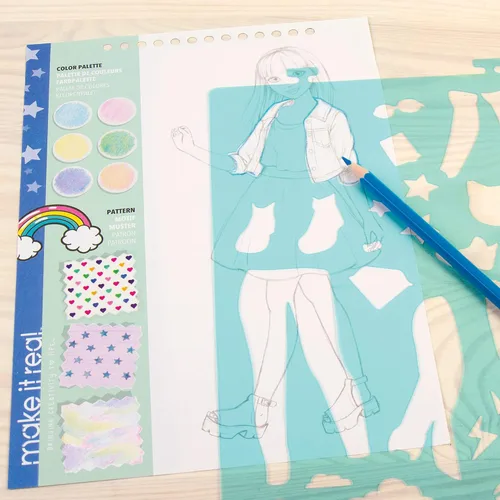 Vista 3 de Cuaderno de bocetos de diseño de moda para niñas – Kit de sueños digital con 110 calcomanías, plantillas, guía de diseño – Moda inspirada en emojis