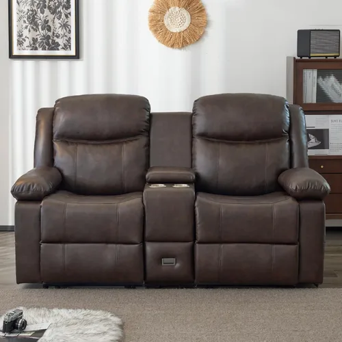 Vista 16 de Sofá reclinable de dos plazas con consola, color azul Manual Recliner Loveseat with Phone Holders, Storage Drawer, Cup Holders, Side Pockets, Dual
