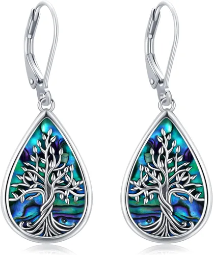 Vista 204 de Aretes colgantes de plata de ley con diseño de árbol de la vida, flor, abeja, animales, gato, colibrí, piedra lunar, turquesa, aretes con cierre