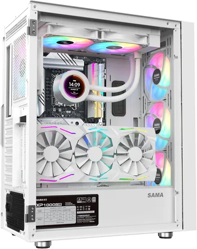 Vista 8 de SAMA 3509 Carcasa de PC de torre media ATX blanca - Parte frontal de malla de acero, panel lateral de vidrio templado con bisagras, 4 ventiladores