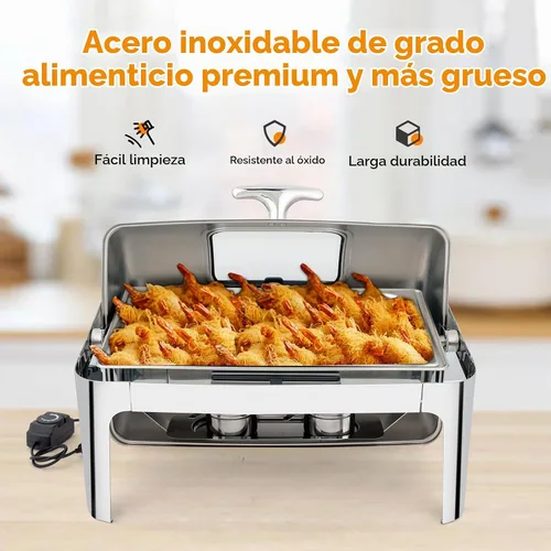 Vista 5 de ROVSUN Juego de bufé de acero inoxidable de 9 cuartos de galón con calefacción eléctrica y de combustible, servidor de catering con tapa enrollable
