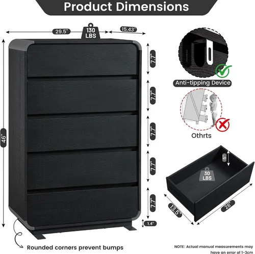 Vista 2 de Standifurno Cómoda de 29.5'' de Ancho para Clóset, Cajones Negros con Diseño Curvo, Cajonera con 5 Cajones, Cajón Vertical con Amplio
