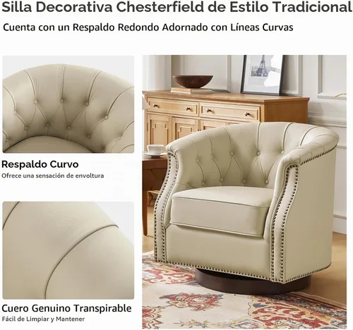 Vista 7 de HULALA HOME Silla mecedora giratoria de cuero auténtico, totalmente montada Beige