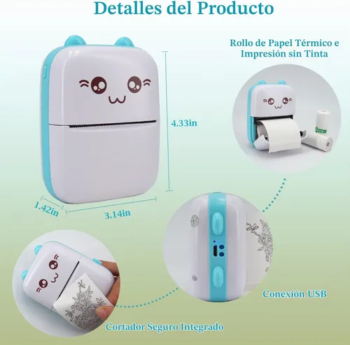 Vista 5 de Mini Impresora de Bolsillo, Impresora Térmica Portátil con 8 Rollos de Papel de Impresión, Impresora Inalámbrica Bluetooth Pequeña para Azul