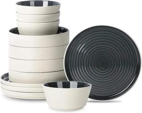 Vista 12 de Stone Lain Elica - Juego de vajilla de gres de 12 piezas, platos y cuencos, servicio para 4, color beige y negro, vajilla moderna, apta