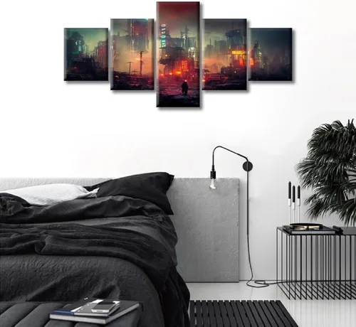 Vista 147 de Cuadros de 5 paneles de Cyberpunk City, arte de pared, representación de vallas publicitarias, edificios modernos en la capital con obras de arte
