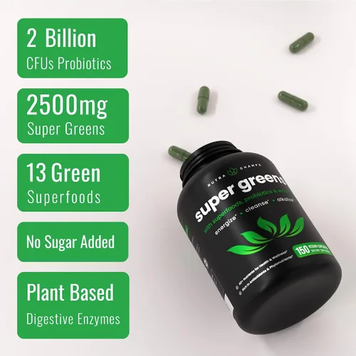 Vista 3 de Cápsulas orgánicas Super Greens – Suplemento diario de frutas y verduras – 150 pastillas de superalimentos verdes y rojos – más de 40 frutas
