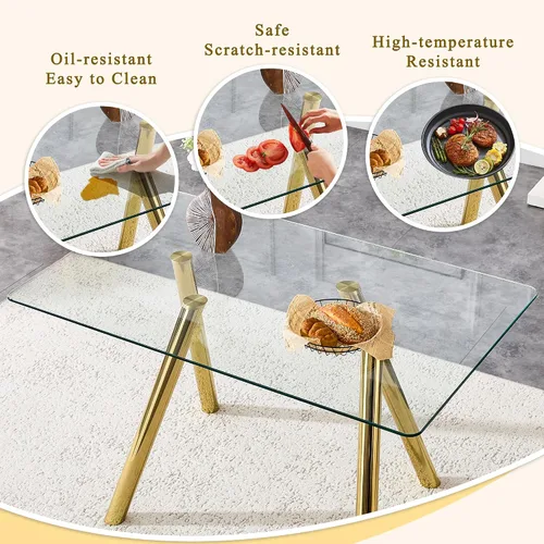 Vista 6 de Glam Style - Juego de mesa de comedor de 5 piezas para 4, mesa de comedor rectangular de vidrio templado de 51 pulgadas con base de metal dorado