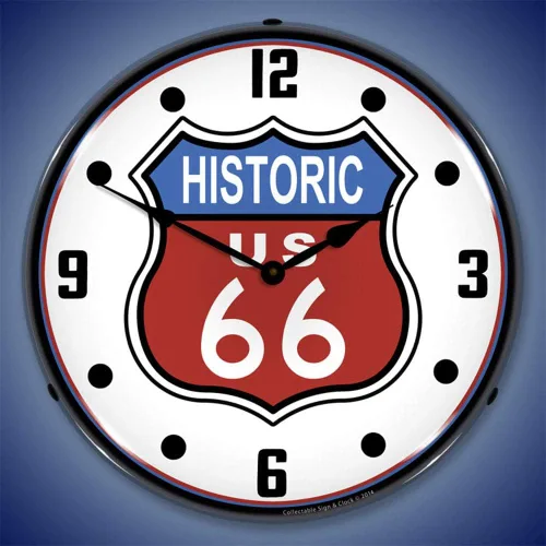 Vista 2 de Historic US Route 66 Reloj de pared LED, Retro/Vintage, iluminado, 14 pulgadas