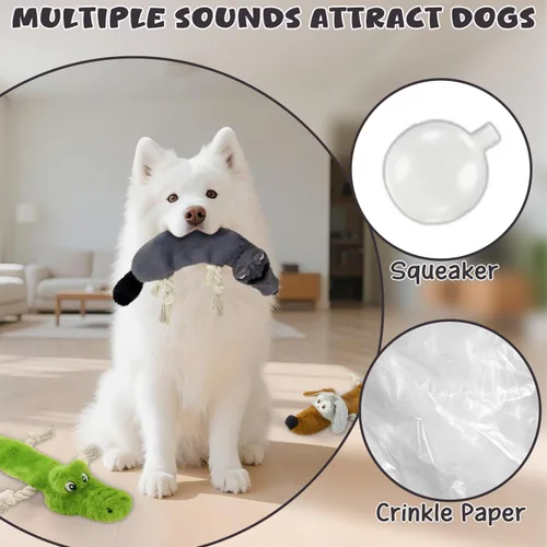 Vista 3 de Juguetes chirriantes para perros sin relleno, paquete de 3 juguetes de cuerda para dentición, juguetes de peluche arrugados para mantenerlos