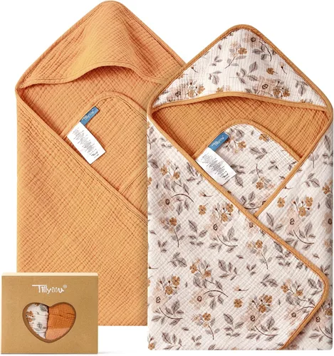 Vista 8 de TILLYOU Paquete de 2 toallas de muselina con capucha para recién nacido, 32 x 32 pulgadas, toallas de baño suaves para bebé altamente absorbentes