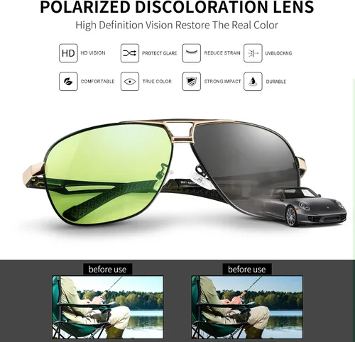 Vista 3 de K.LAVER Gafas de sol polarizadas fotocromáticas de aviador UV400 gafas de conducción de día y noche para hombres y mujeres, gafas de bisagra