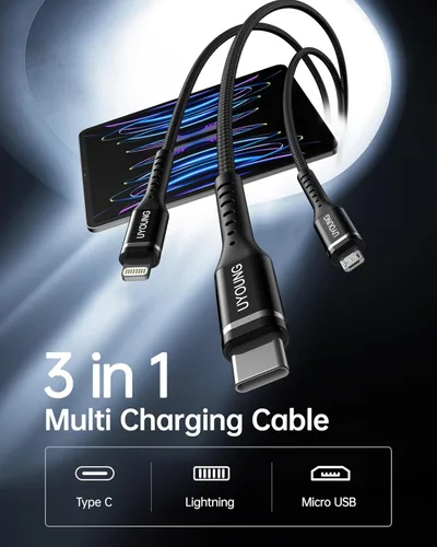 Vista 2 de Cable de carga múltiple corto de 1 pie, paquete de 2 cables de carga 3 en 1, cables universales trenzados para teléfono con conectores