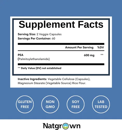 Vista 4 de Natgrown Suplemento de guisante de palmitoiletanolamida 600 mg - 120 Cápsulas