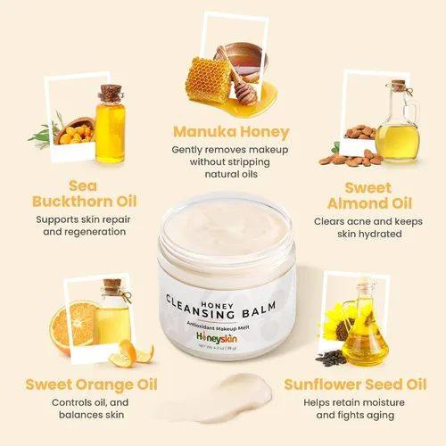 Vista 3 de Honeyskin Bálsamo limpiador de miel, removedor de maquillaje de cara y ojos para piel sensible, limpiador facial hidratante y bálsamo de fusión