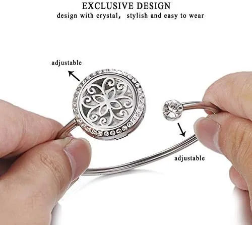 Vista 5 de Cupimatch Adjustable Tree of Life Essential Oil Diffuser Bracelet, Stainless Steel CZ Aromatherapy Locket Bangle 8 Color Pads Jewelry Set for Women
